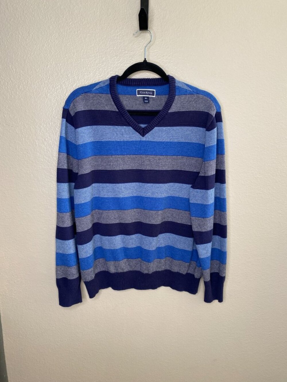 Club Room Mens Striped V-Neck Sweater Blue Gray 100% Cotton XXL Pullover